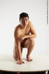 Nude Man Asian Kneeling poses - ALL Average Short Kneeling poses - on one knee Black Realistic